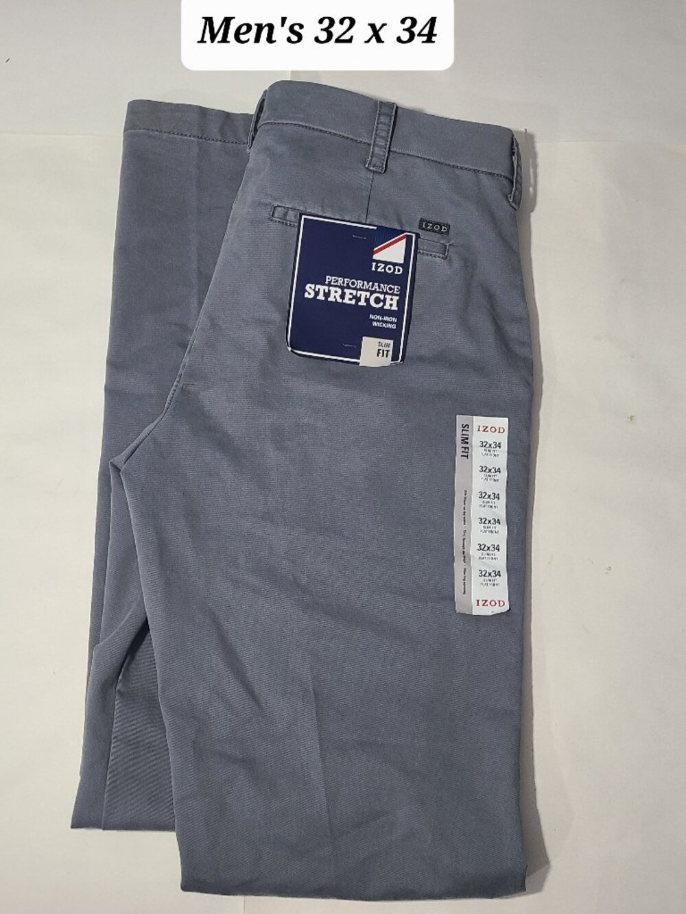 IZOD Performance Stretch Slim Fit Gray Men's Chino Pants Size 32 x 34 NWT
